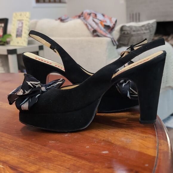 Miu Miu Black Peep Toe Sling Back Silk Bow Heels Sz 36 - Picture 8 of 16
